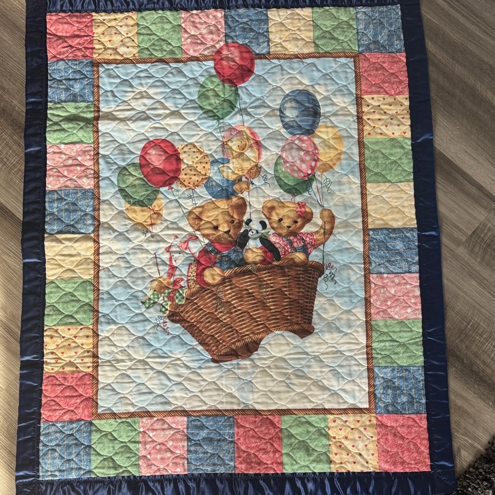 Blue Jean Teddy Bear baby quilt handmade blanket balloon ride vintage nursery